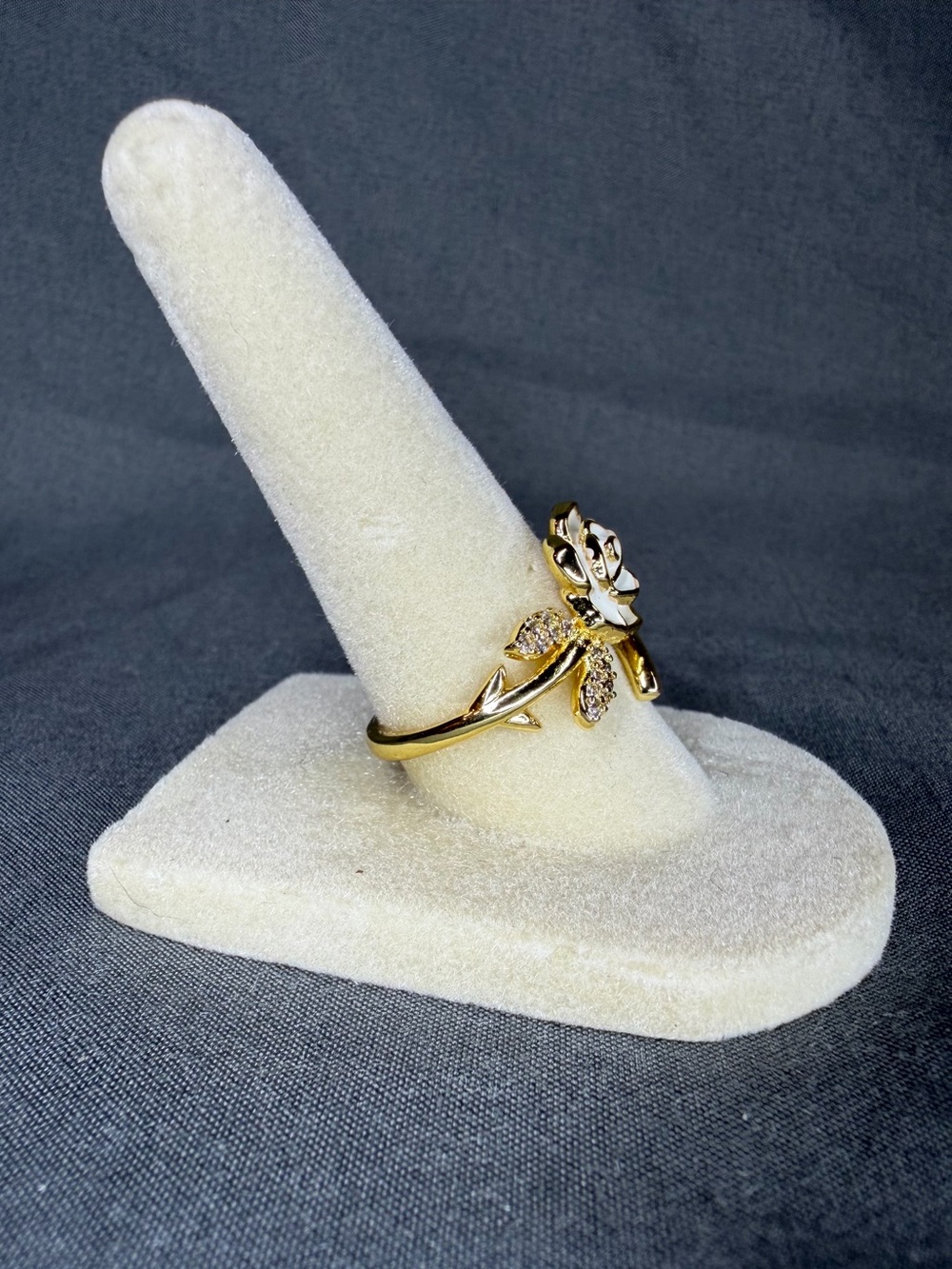 White Enamel Rose Wrap Ring Gold Tone CZ Floral Adjustable Statement Ring - Picture 5 of 6